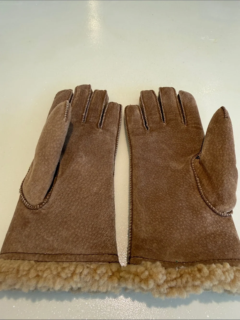 Brown Suede Faux Shearling-Trim Winter Gloves
